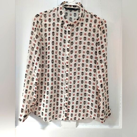 Zara Trafaluc Sheer Skull Button Down Top M - Picture 1 of 9